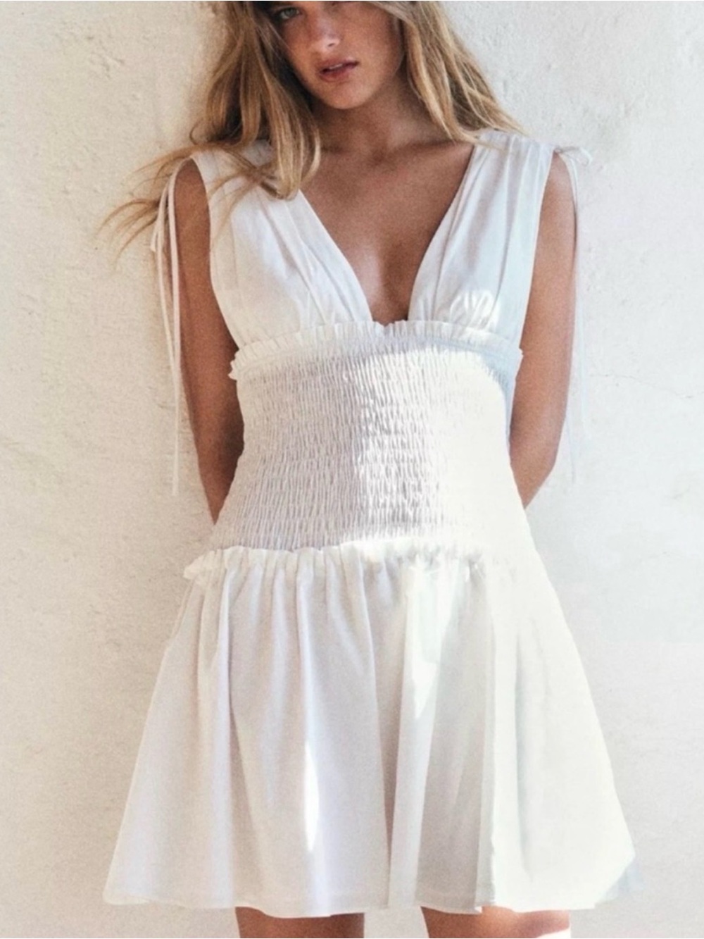 White Smocked Waist Tie-Shoulder Mini Dress